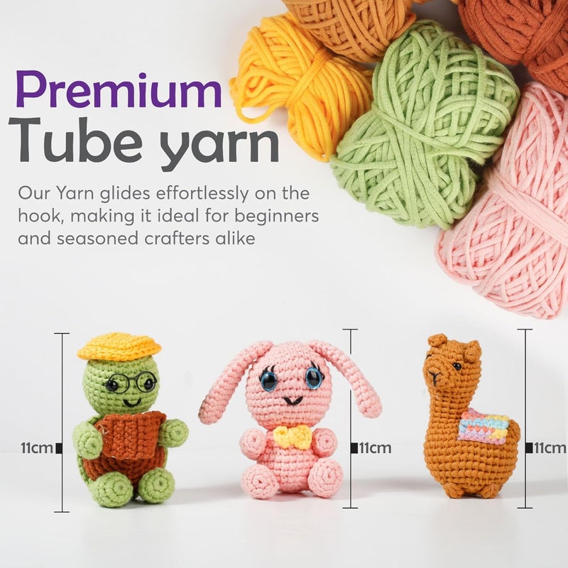 AURA Learn to Crochet Kit for Beginners Kids and Adults, Premium 3 Animal Pattern Large Size Beginner Crochet Kits with Easy Tube Yarn & Step-by-Step Video Tutorials (Safari Friends–Larger Plushies) - Image 2